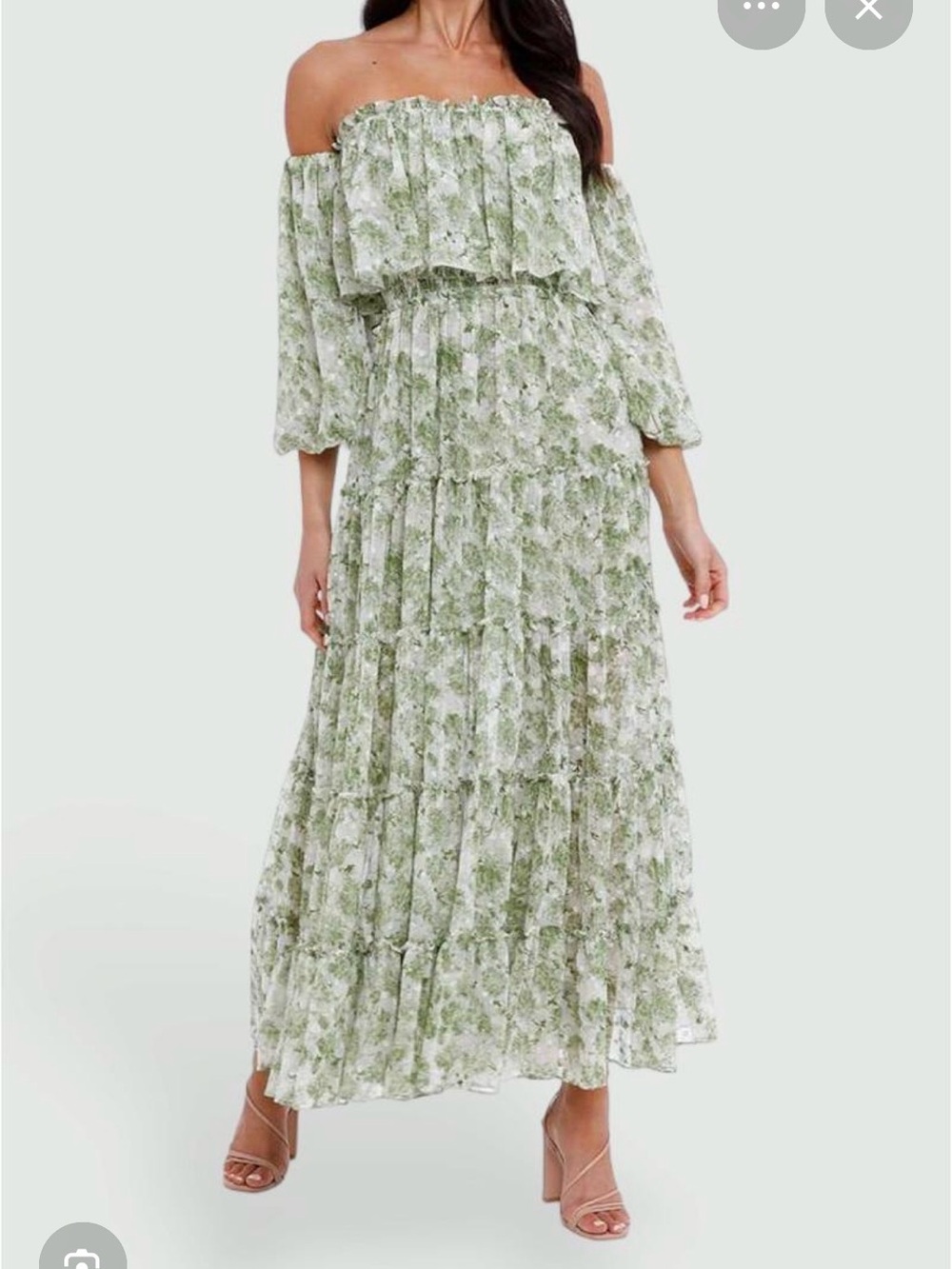 Misa Los Angeles Green Floral Off-Shoulder Tiered Maxi Fairy Cottagecore